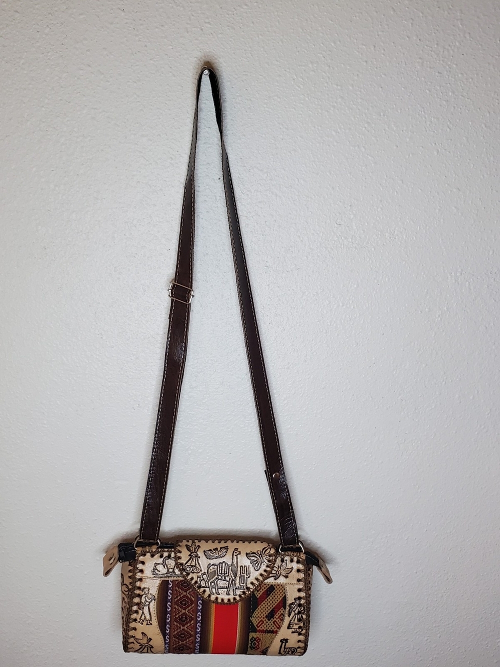 Peruvian Handmade Tooled Leather Serape Crossbody 8" Cream Brown Andean Textile - Picture 4 of 11